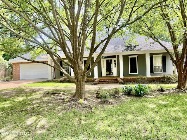 3057 Windwood Cir, Flowood, MS 39232 - view of front of home with an attached garage, a shingled roof, a front lawn, driveway, and stucco siding