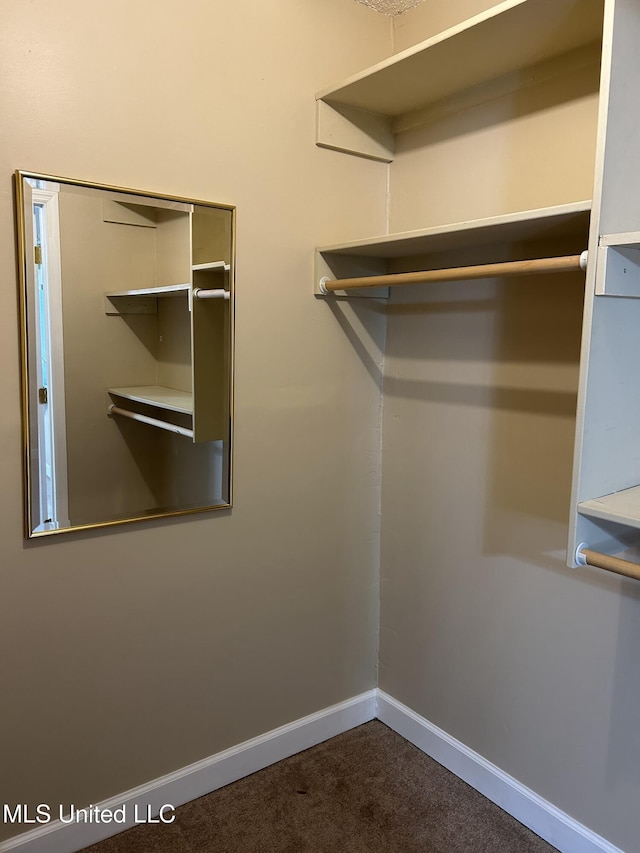 spacious closet featuring dark carpet