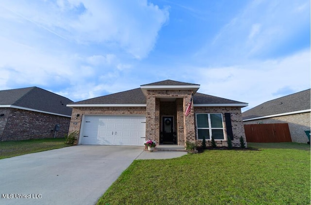 view of front facade featuring brick siding, an attached garage, driveway, and a front lawn