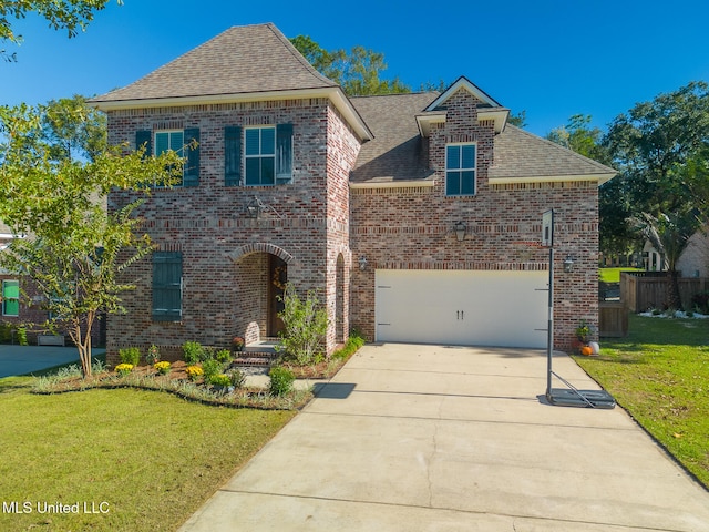 view of front of house featuring a garage and a front lawn