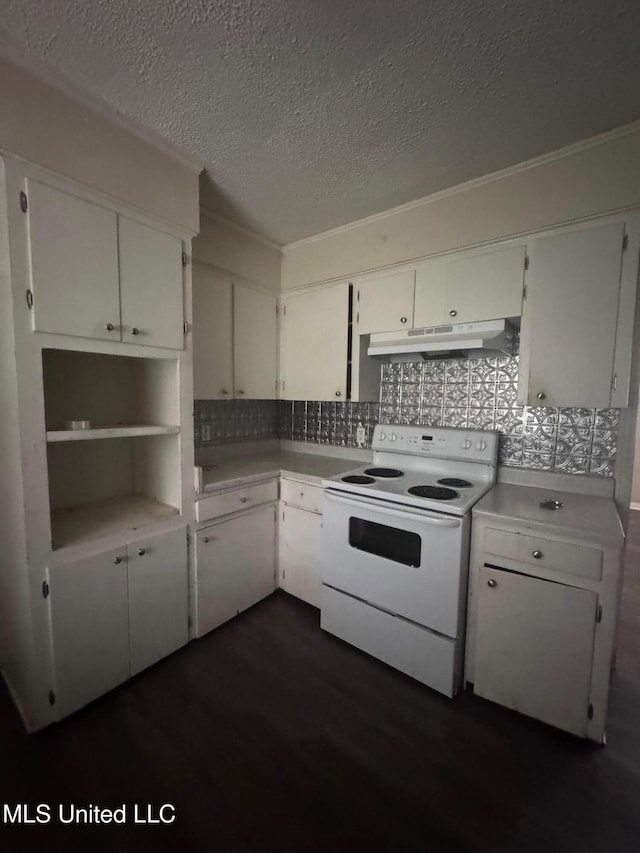 1870 Wisteria Dr, Jackson, MS 39204 - kitchen with white electric stove, under cabinet range hood, a textured ceiling, dark wood-style floors, and light countertops