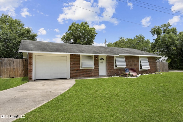 ranch-style house with a front yard and a garage