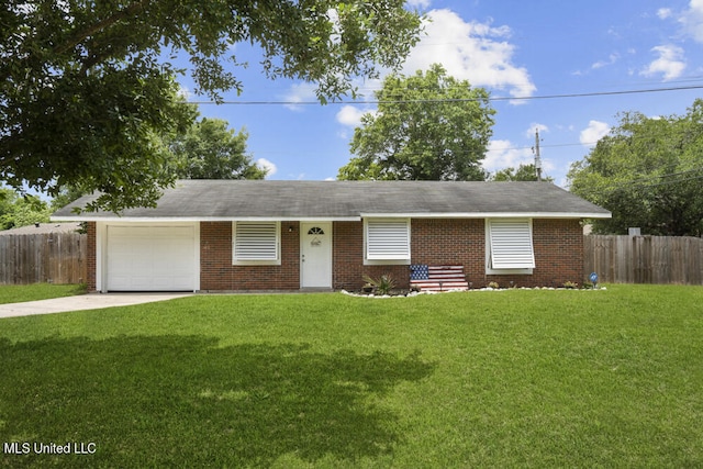 single story home featuring a front yard and a garage