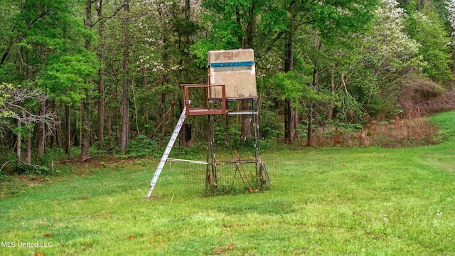 view of play area featuring a view of trees and a lawn