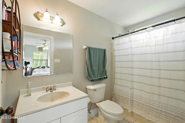 full bathroom with vanity, toilet, a shower with shower curtain, tile patterned floors, and ceiling fan