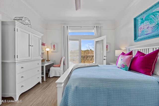 bedroom featuring ceiling fan, light wood-style flooring, and crown molding