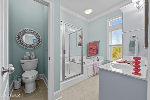 bathroom with ornamental molding, tile patterned flooring, a shower stall, and toilet