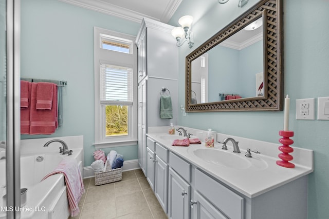 bathroom with double vanity, ornamental molding, a sink, and tile patterned floors