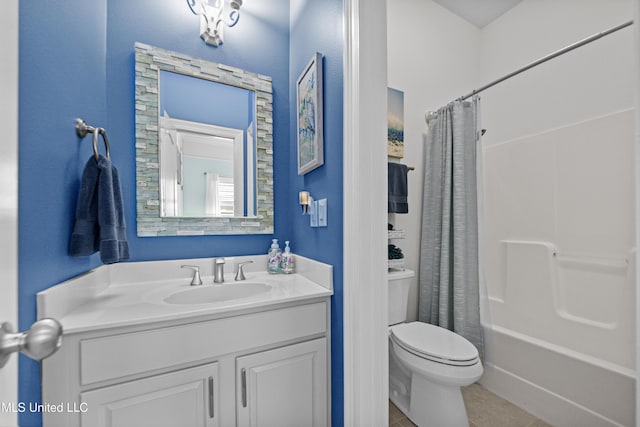 full bath with shower / bath combo with shower curtain, vanity, toilet, and tile patterned floors