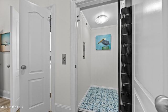 interior space featuring baseboards and crown molding