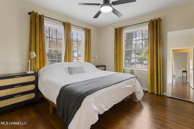 bedroom with dark hardwood / wood-style floors, multiple windows, and ceiling fan