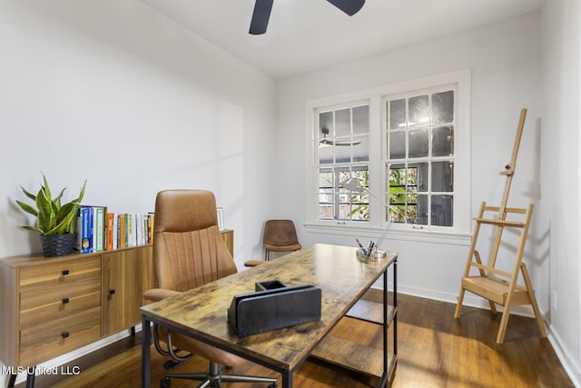 home office with dark hardwood / wood-style floors and ceiling fan