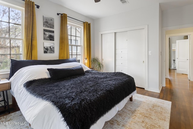 bedroom featuring multiple windows, a closet, and dark hardwood / wood-style floors