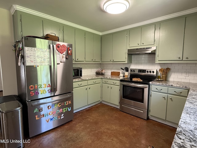 kitchen featuring appliances with stainless steel finishes, under cabinet range hood, concrete flooring, decorative backsplash, and green cabinetry