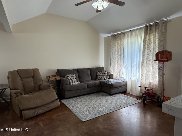living room with ceiling fan, lofted ceiling, and concrete flooring