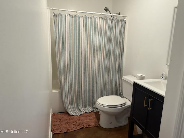 full bath featuring toilet, vanity, shower / bathtub combination with curtain, and concrete flooring