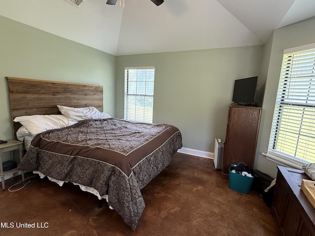 bedroom featuring lofted ceiling, carpet flooring, multiple windows, baseboards, and a ceiling fan