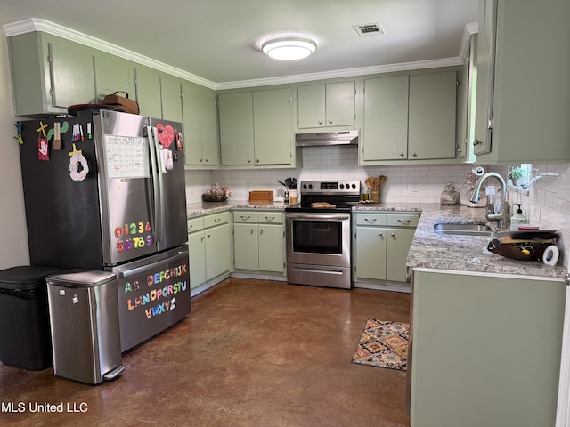 kitchen with appliances with stainless steel finishes, under cabinet range hood, a sink, concrete floors, and backsplash