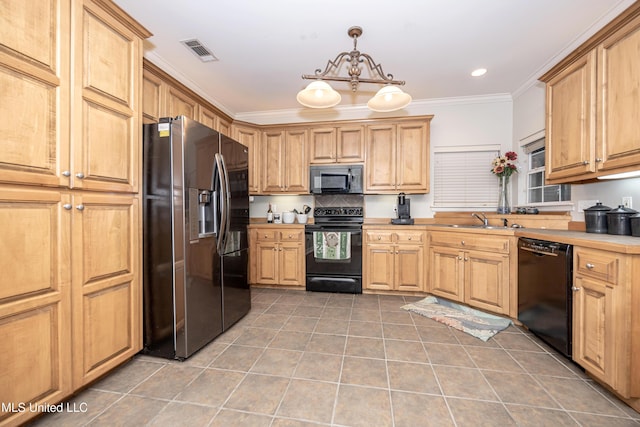 kitchen with visible vents, black appliances, ornamental molding, a sink, and light tile patterned floors