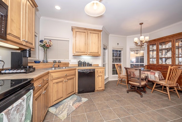 kitchen with tile patterned flooring, tile countertops, ornamental molding, an inviting chandelier, and black appliances