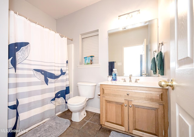 full bathroom with tile patterned flooring, toilet, vanity, and a shower with curtain