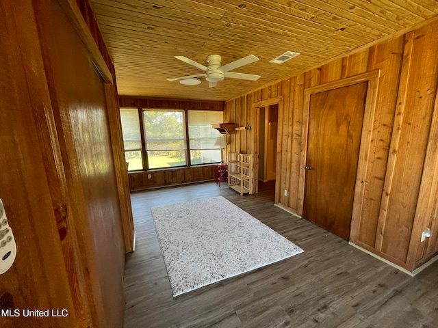 interior space featuring wood ceiling, wooden walls, and dark wood-type flooring