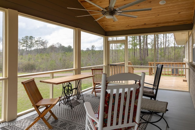 sunroom featuring wood ceiling, ceiling fan, and vaulted ceiling