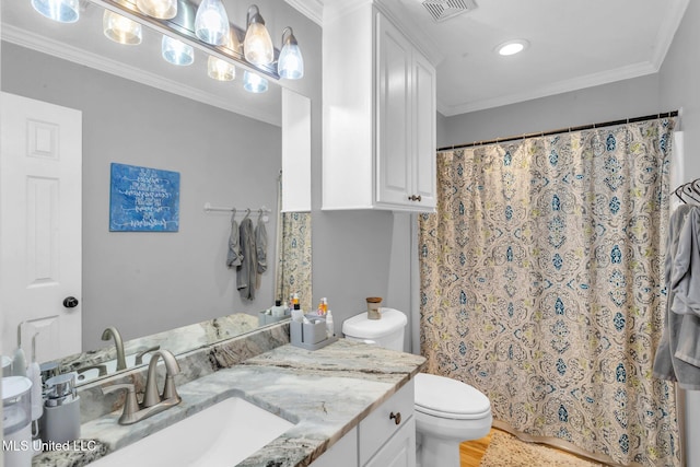 3007 Cross Point Cv, Brandon, MS 39042 - bathroom featuring vanity, a shower with shower curtain, ornamental molding, and recessed lighting