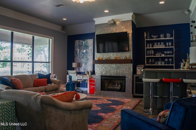414 Spike Rdg, Canton, MS 39046 - living area with a tiled fireplace, recessed lighting, and built in shelves