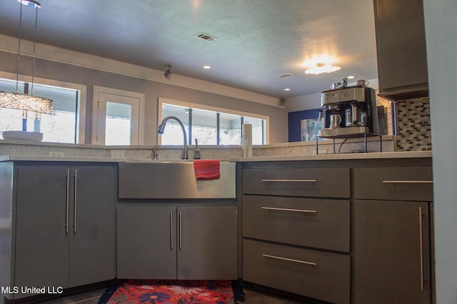 414 Spike Rdg, Canton, MS 39046 - kitchen with a sink, tasteful backsplash, gray cabinetry, and recessed lighting