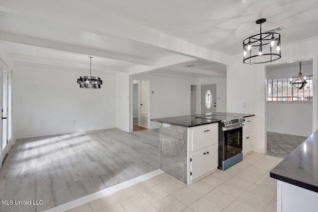 kitchen with electric stove, a chandelier, hanging light fixtures, and white cabinets