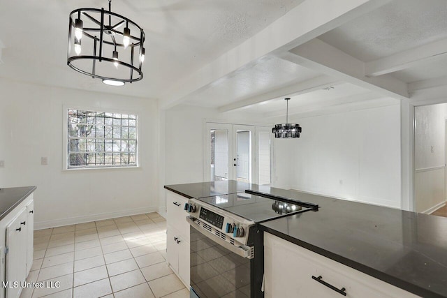 kitchen with pendant lighting, white cabinetry, a chandelier, electric range, and beam ceiling