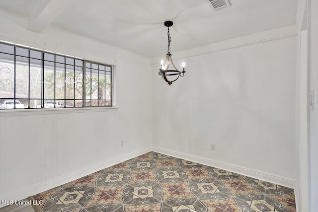 unfurnished room with beamed ceiling and an inviting chandelier