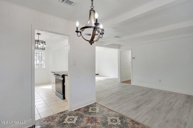 unfurnished dining area featuring beam ceiling, light hardwood / wood-style flooring, and a notable chandelier