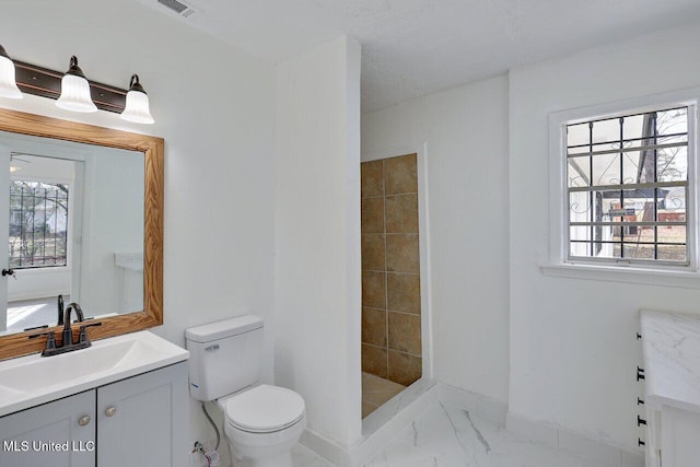 bathroom featuring vanity, a shower, and toilet