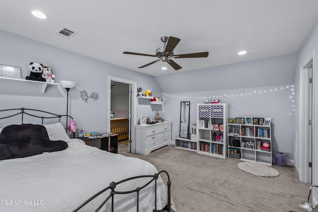 105 Camden Lake Cir, Madison, MS 39110 - bedroom with carpet, recessed lighting, lofted ceiling, connected bathroom, and ceiling fan