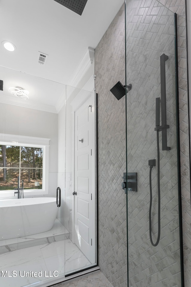 bathroom featuring ornamental molding and plus walk in shower