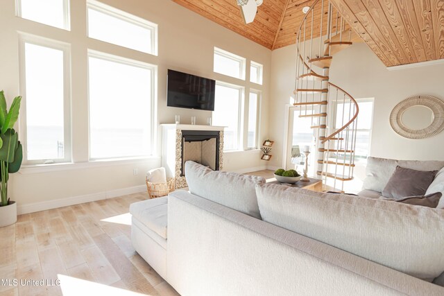 6717 Belle Fontaine Dr, Ocean Springs, MS 39564 - living area featuring wood ceiling, wood finished floors, a healthy amount of sunlight, and stairway