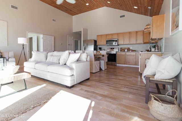 6717 Belle Fontaine Dr, Ocean Springs, MS 39564 - living room featuring visible vents, high vaulted ceiling, recessed lighting, wooden ceiling, and light wood-style flooring