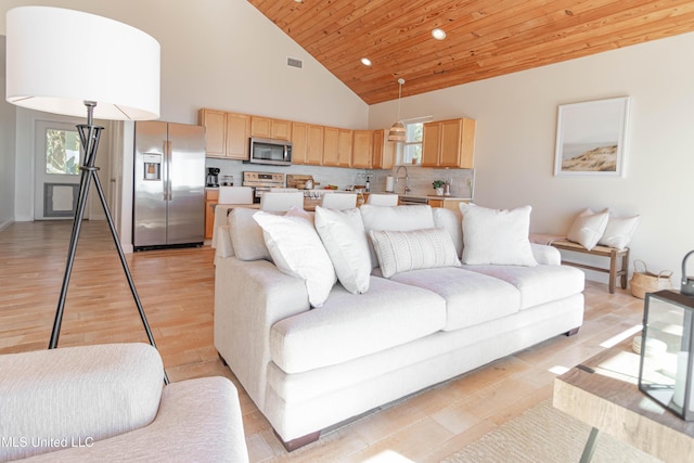 6717 Belle Fontaine Dr, Ocean Springs, MS 39564 - living room featuring visible vents, light wood-style floors, high vaulted ceiling, recessed lighting, and wooden ceiling