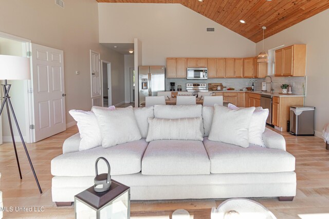 6717 Belle Fontaine Dr, Ocean Springs, MS 39564 - living area with wood ceiling, visible vents, high vaulted ceiling, recessed lighting, and light wood-style flooring