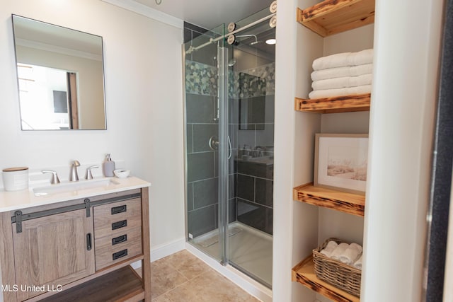 6717 Belle Fontaine Dr, Ocean Springs, MS 39564 - full bath featuring crown molding, tile patterned floors, vanity, and a shower stall