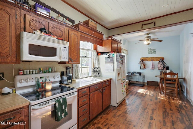 kitchen featuring wood ceiling, white appliances, ceiling fan, crown molding, and dark hardwood / wood-style floors