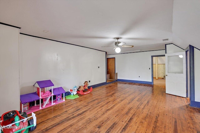 rec room featuring hardwood / wood-style floors and ceiling fan