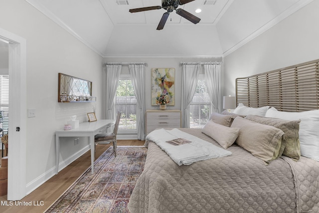 bedroom with access to exterior, ceiling fan, dark wood-type flooring, crown molding, and vaulted ceiling