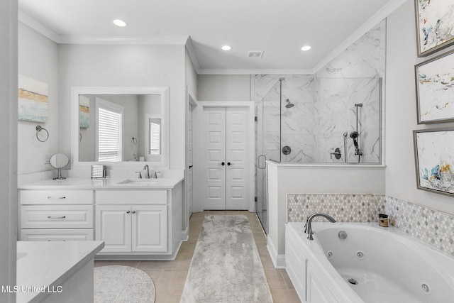 bathroom featuring plus walk in shower, vanity, tile patterned floors, and ornamental molding