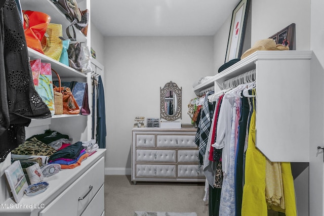 spacious closet featuring light colored carpet