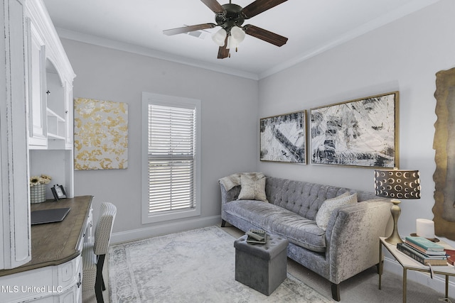 living room with ceiling fan and crown molding