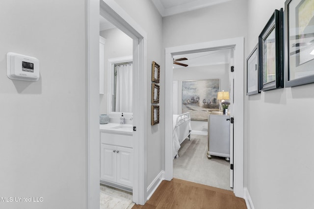 corridor with light hardwood / wood-style flooring and sink