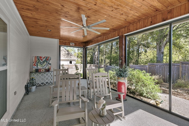 unfurnished sunroom with plenty of natural light, ceiling fan, and wood ceiling